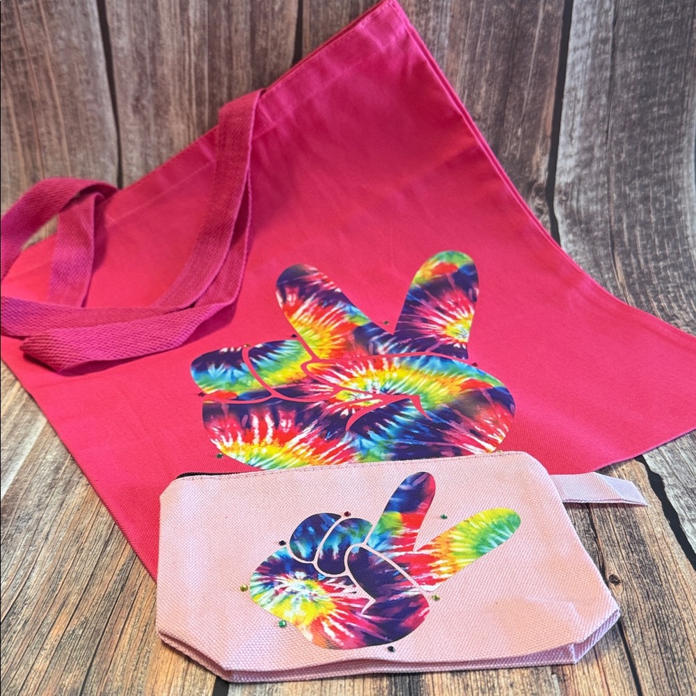NEW Canvas Tote Bag and Zippered Pouch Set with Peace Sign Design Item #PHK5926